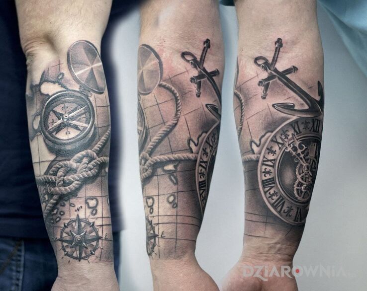 Tatuaż marynarski półrękaw w motywie czarno-szare i stylu organika na ramieniu