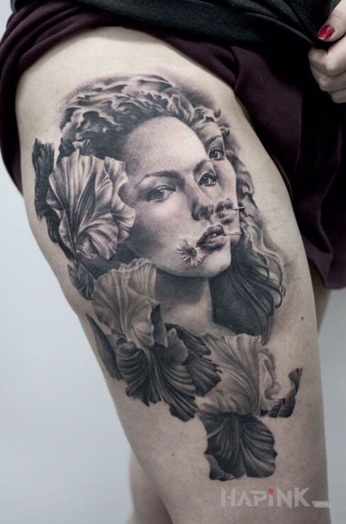 Tattoo Kobiecy portret na udzie in faces motif and realistic style on the thigh