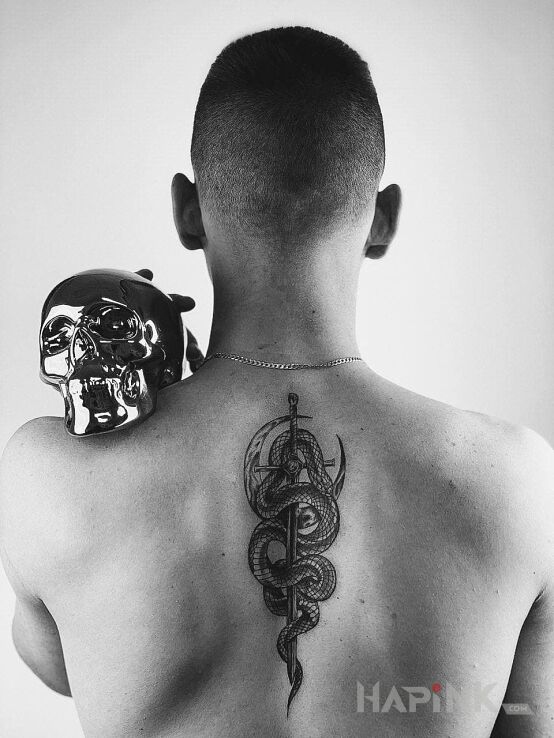 Tattoo Snake&Sword in black and gray motif and graphic / illustrative style on the back