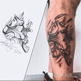 Tattoo Snake gun on the leg motif: objects style: graphic / illustrative