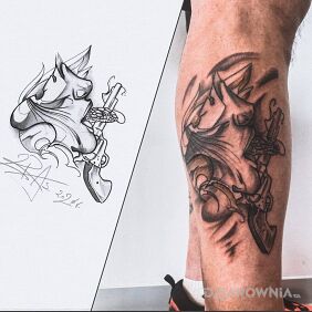 Tatuaż Snake gun na nodze motyw: przedmioty styl: graficzne / ilustracyjne