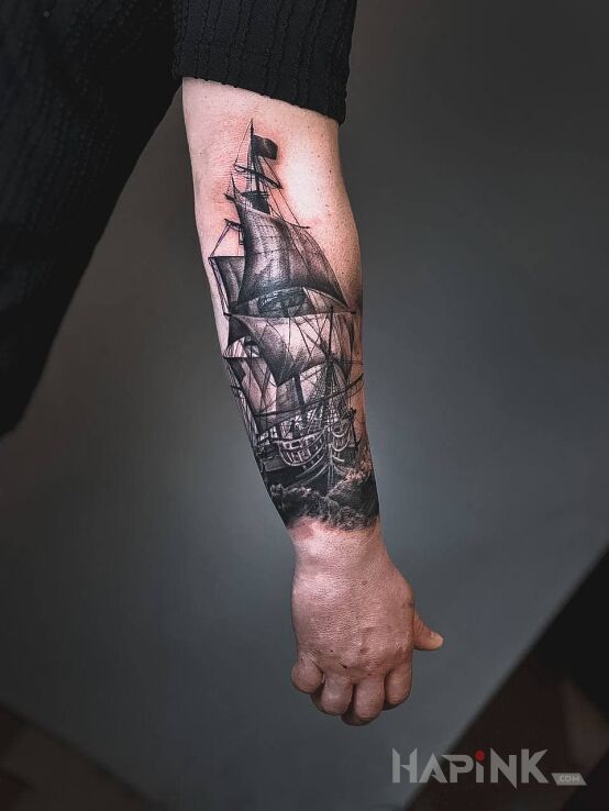 Tattoo The Ship in other motif and realistic style on the forearm
