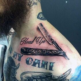 Tattoo Head up :) on the collarbone motif: objects style: realistic