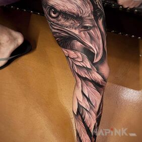 Tattoo Big beak on the calf motif: black and gray style: realistic