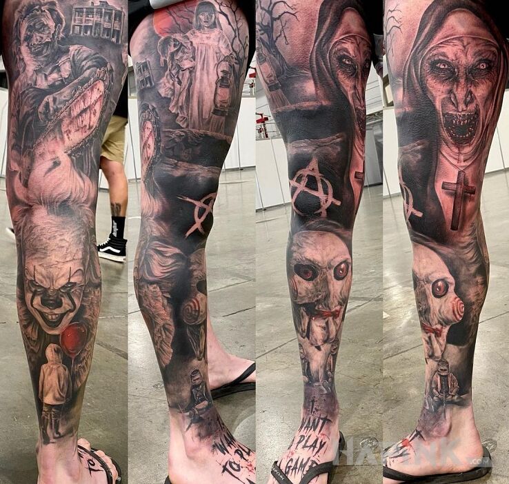 Tattoo Postacie ze znanych filmów grozy in faces motif and realistic style on the leg
