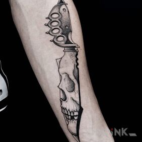 Tattoo Knife / Skull / Brass Knuckles On the arm motif: objects style: graphic / illustrative