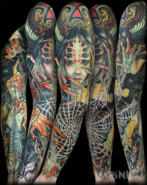 Tattoo Pajeczynowy demon in faces motif and neo-traditional style on the upper arm