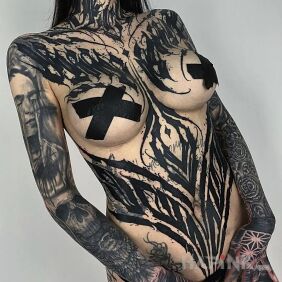 Tattoo Super hot chick on the hand motif: faces style: blackwork / blackout