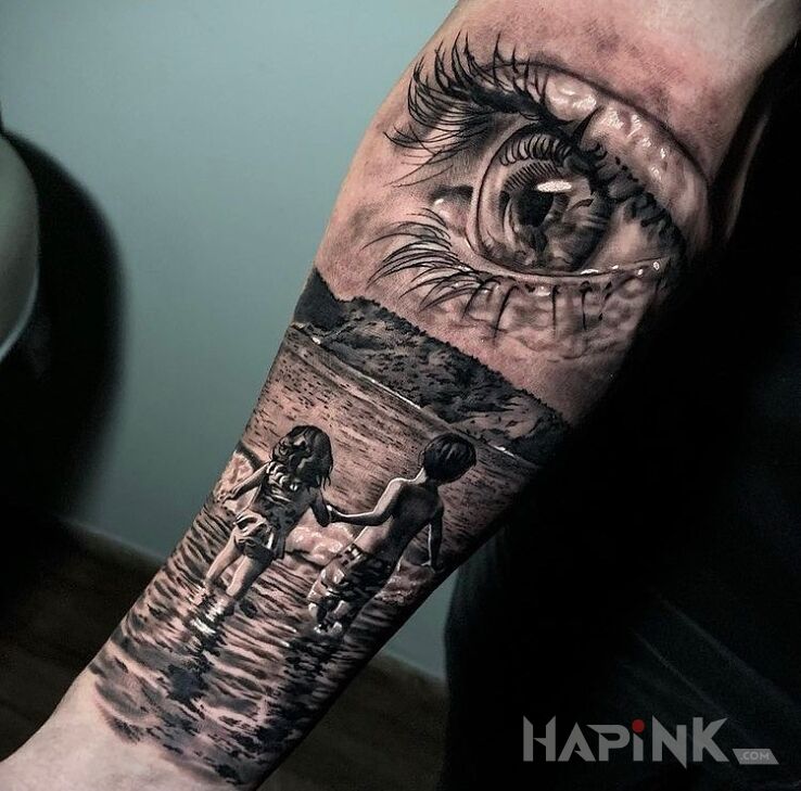 Tattoo Dzieciaki nad wodą in characters motif and realistic style on the forearm