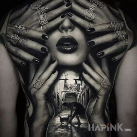 Tattoo Close your eyes on the shoulder blades motif: black and gray style: realistic