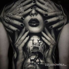 Tatuaż Close your eyes na plecach motyw: 3D styl: realistyczne