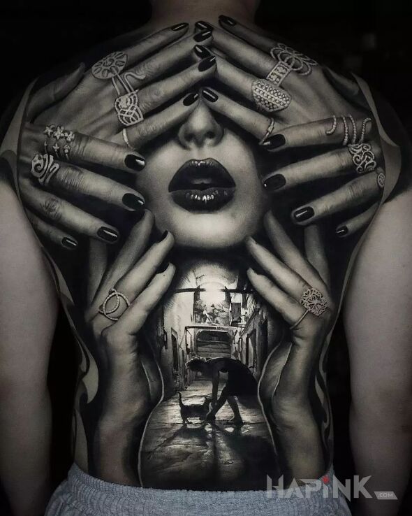 Tattoo Close your eyes in characters motif and realistic style on the back