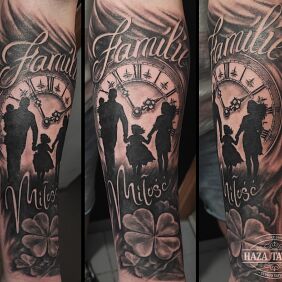 Tattoo Family love on the forearm motif: characters style: realistic