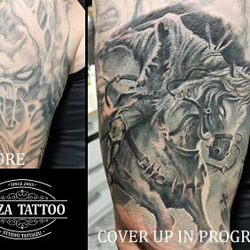 Tattoo Cover up in progress dark rider On the arm motif: black and gray style: realistic