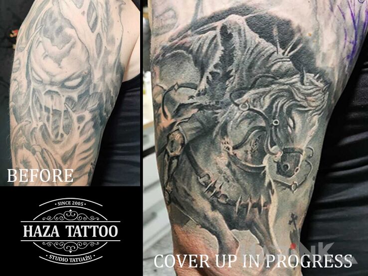 Tattoo Cover up in progress dark rider in dark motif and realistic style On the arm