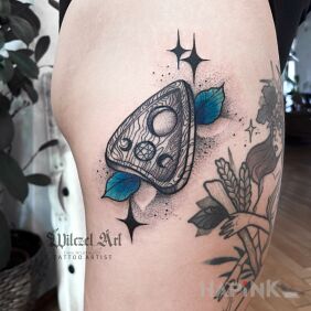 Tattoo Ouija Board / Ghosts on the thigh motif: black and gray style: graphic / illustrative