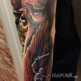 Tattoo Sleeve continuation on the hand motif: colorful style: realistic