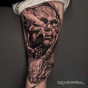Tatuaż Twarz na udzie motyw: twarze styl: surrealistyczne