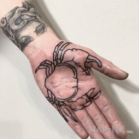 Tattoo Crab on the hand motif: animals style: contour / linework