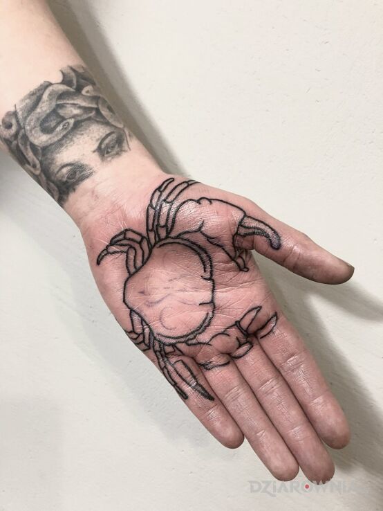Tatuaż krab w motywie pozostałe i stylu kontury / linework na dłoni
