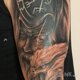 Tattoo Odin with an Eagle on the upper arm motif: animals style: realistic