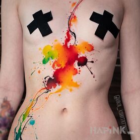 Tattoo Colorful stain between the breasts motif: other style: Watercolor
