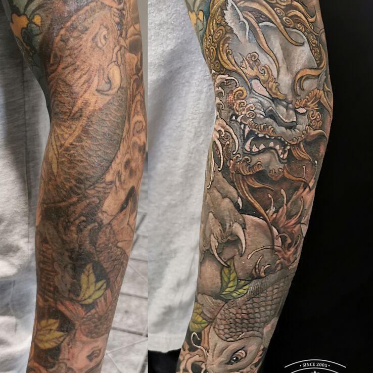 Tatuaż irezumi cover up w motywie pozostałe i stylu japońskie / irezumi na łokciu