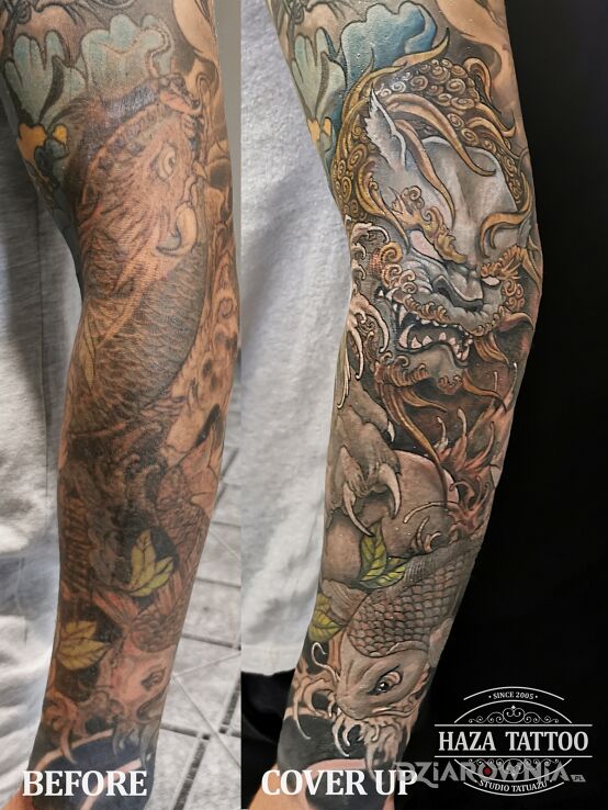 Tatuaż irezumi cover up w motywie pozostałe i stylu japońskie / irezumi na łokciu