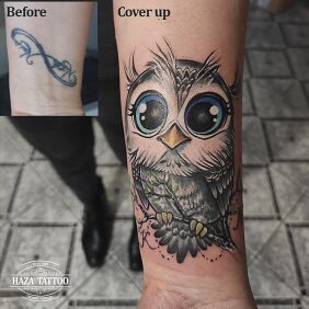 Tattoo Owl cover up On the arm motif: colorful style: graphic / illustrative