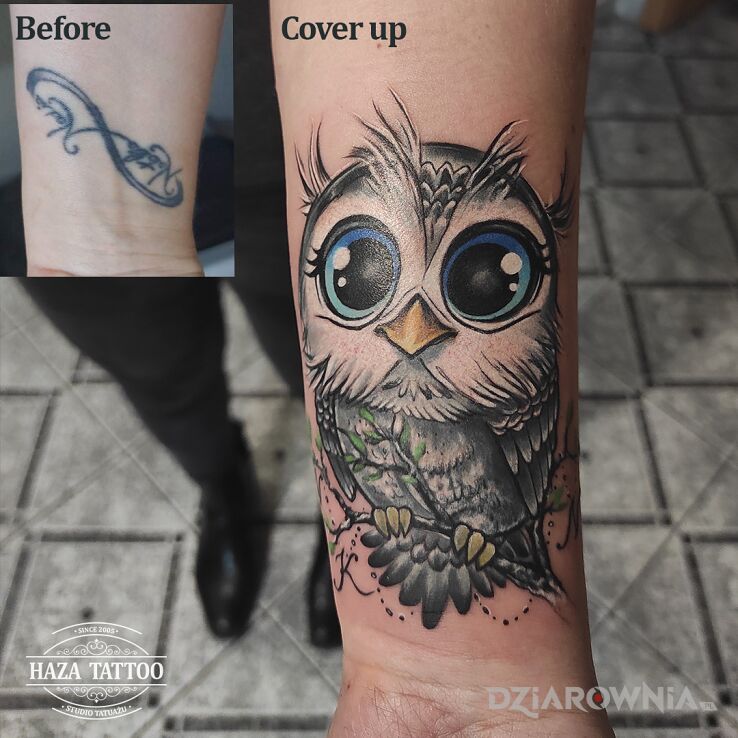Tatuaż sowa cover up w motywie kolorowe i stylu graficzne / ilustracyjne na nadgarstku