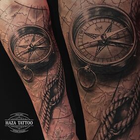 Tattoo Compass, rope, map on the upper arm motif: 3D style: realistic