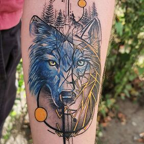 Tattoo Wolf, geometry, forest - a bit differently On the arm motif: animals style: graphic / illustrative