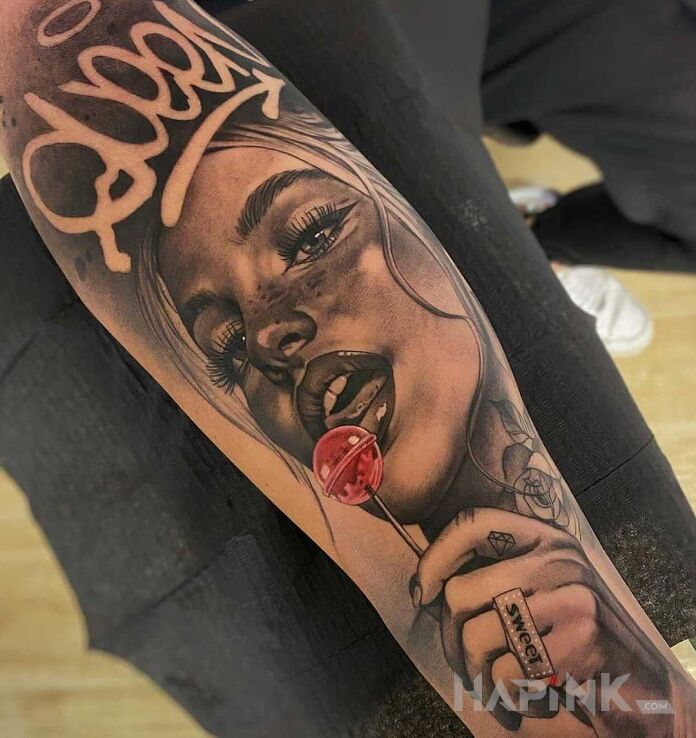 Tattoo Lizaczek in faces motif and realistic style On the arm