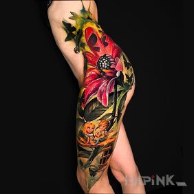 Tattoo Boy with a guitar on the thigh motif: flowers style: realistic