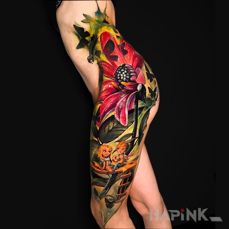 Tattoo Chłopak z gitarą in floral motif and realistic style on the hip