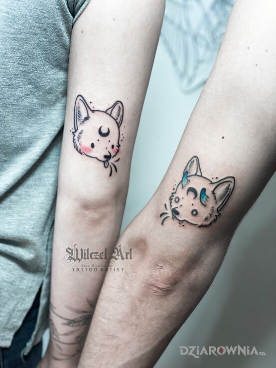 Tatuaż kotek  kotki w motywie fantasy i stylu dotwork na ramieniu
