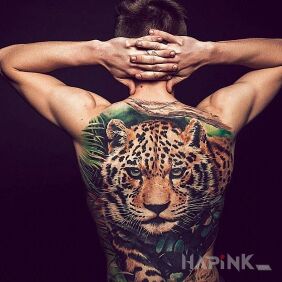 Tattoo Leopard on the back motif: 3D style: realistic