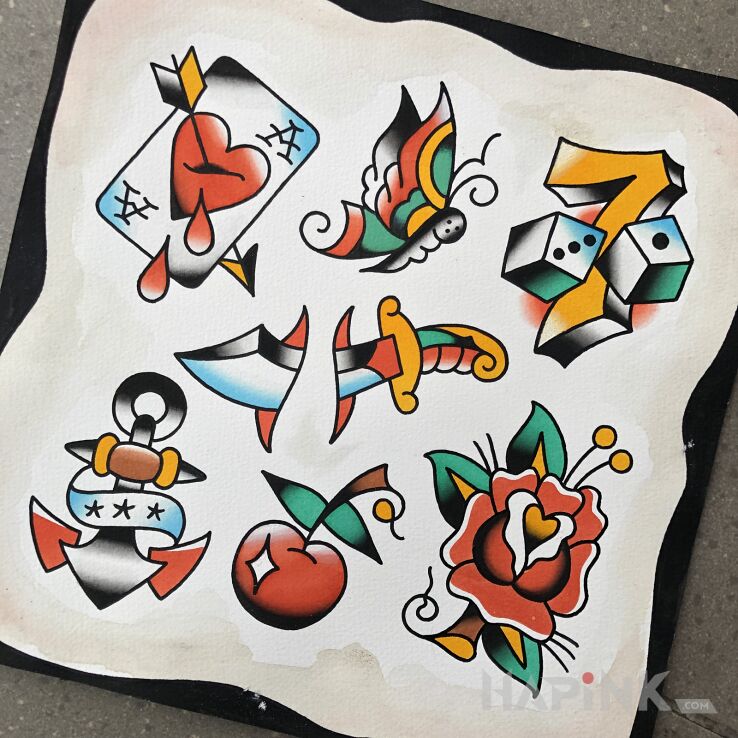 Designs sztylet  kości  róża  karta  kotwica  motyl - oldschool