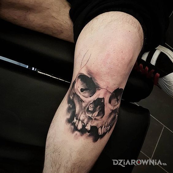 Tatuaż siemano kolano w motywie czarno-szare i stylu realistyczne na nodze