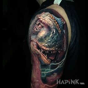 Tattoo T-rex on the upper arm motif: 3D style: realistic