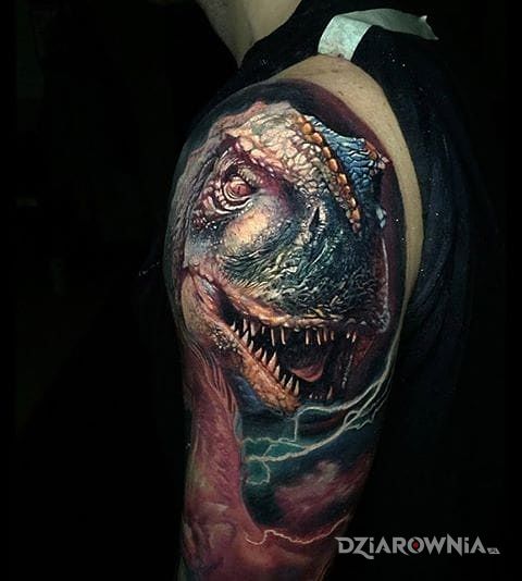 Tatuaż t-rex w motywie 3D i stylu realistyczne na ramieniu