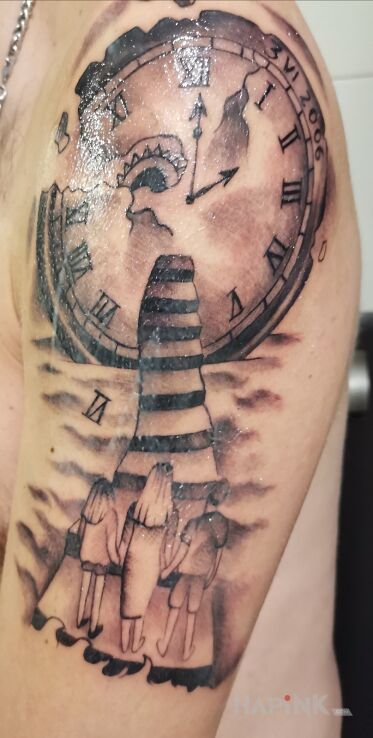 Tattoo Zegar że schodami in characters motif and realistic style on the upper arm