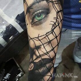 Tattoo Green-eyed and her portrait on the forearm motif: 3D style: realistic
