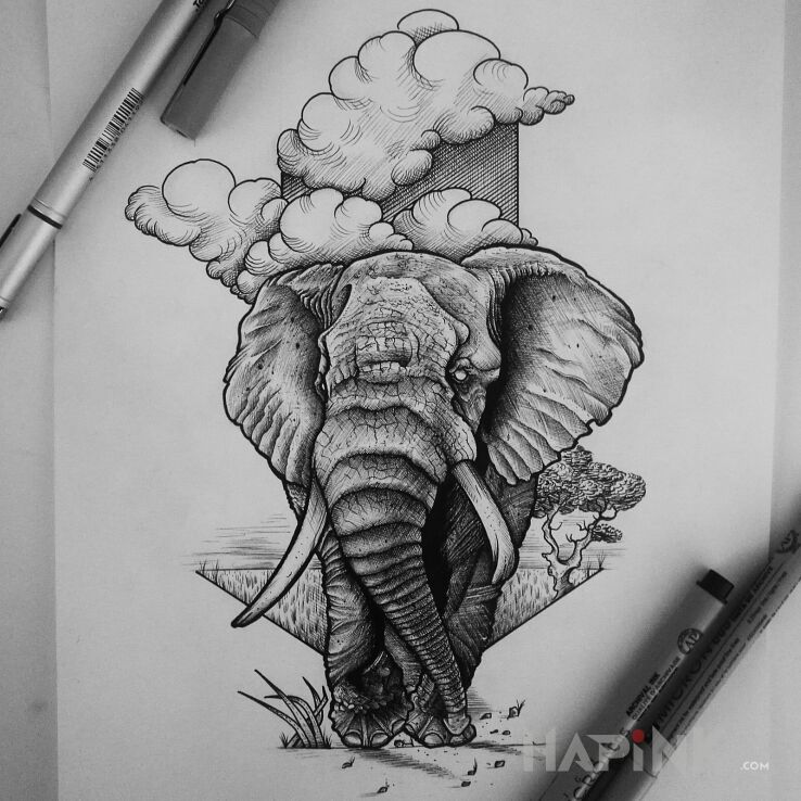 Designs słoń  chmury  afryka - dotwork