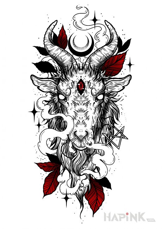Designs kozioł  księżyc  liście  diabeł - dotwork