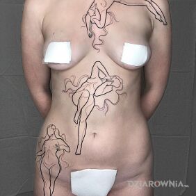 Tatuaż Różne figury na brzuchu motyw: czarno-szare styl: kontury / linework