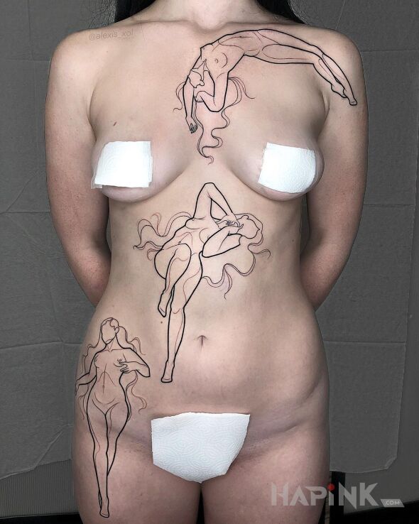 Tattoo Różne figury in characters motif and contour / linework style on the stomach