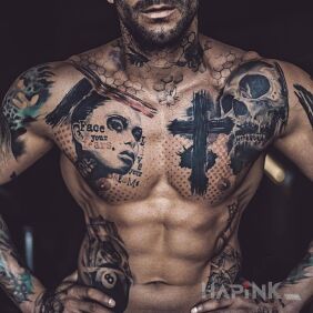 Tattoo A bit of trash polka on a nice body on the chest motif: religious style: trash polka