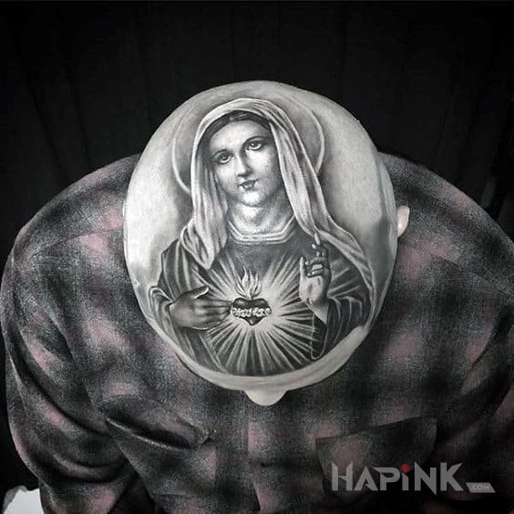 Tattoo Maryja in characters motif and realistic style on the head