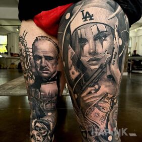 Tattoo Dona Vito you better respect on the thigh motif: 3D style: chicano